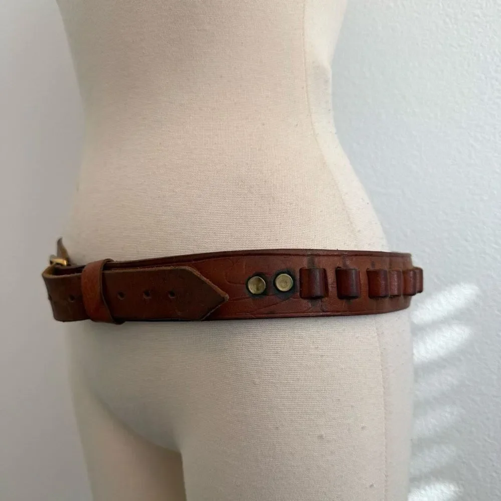 Vintage Brown Leather Bullet Circle Western Cowboy Belt 33”-36” Leather Southwes